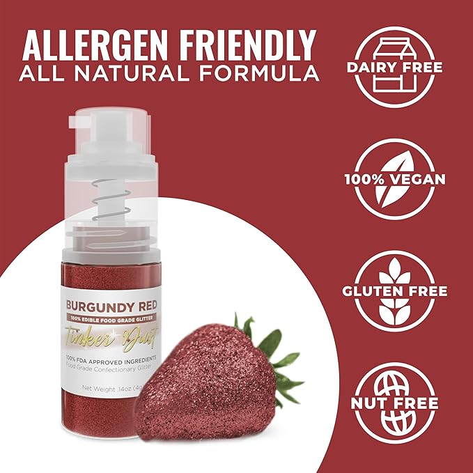 Bakell - Burgundy Red Tinker Dust (4g, 1x Mini Spray Pump) Edible Glitter for Food, Desserts, and Beverages!