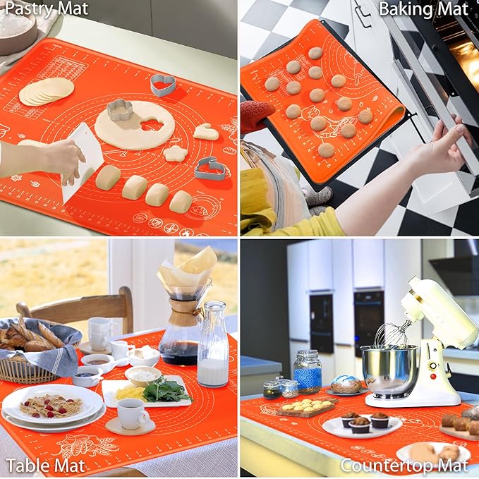 Silicone Baking Mat 28" x 20" Extra Thickness Dough Rolling Mat with Measurements and Edge Heightening, Non-stick Food Grade Silicone Pastry Mat for Pastry, Bread, Cookies, Pizza, Fondant, Pasta-Red
