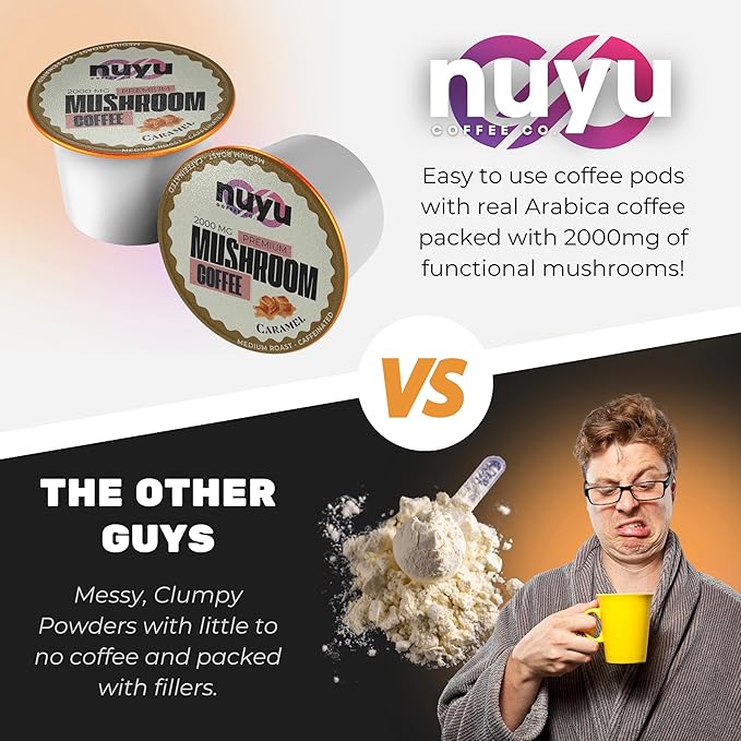 Nuyu Mushroom Coffee Pods, Caramel, K-Cups, 100% Medium Roast Arabica Coffee with Lion's Mane, Reishi, Chaga, Cordyceps, 2000mg per Pod (12, Caramel)