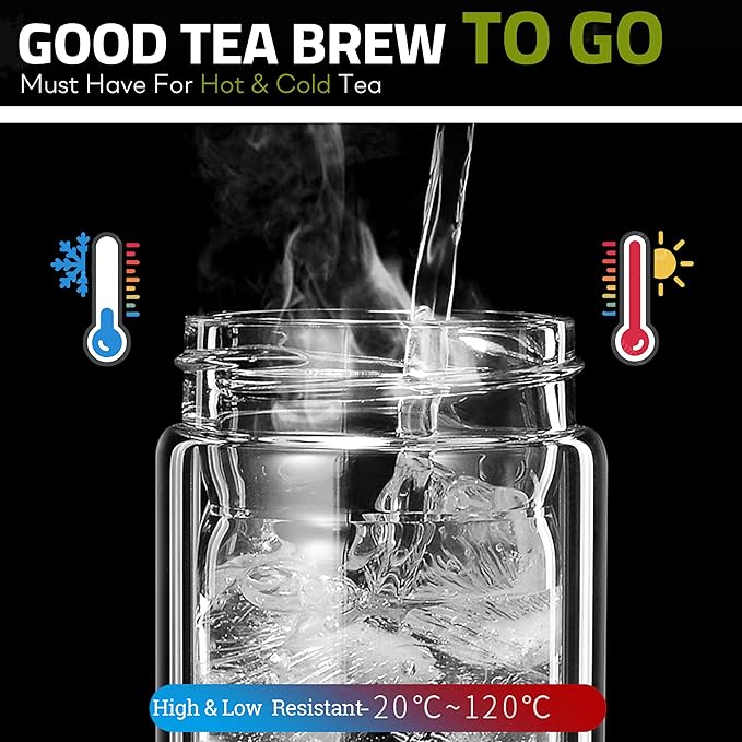 Tea Tumbler with Infuser, 20oz Double Wall Borosilicate Glass Tea Bottle, 100% Leak-Proof with Stainless Steel Filter