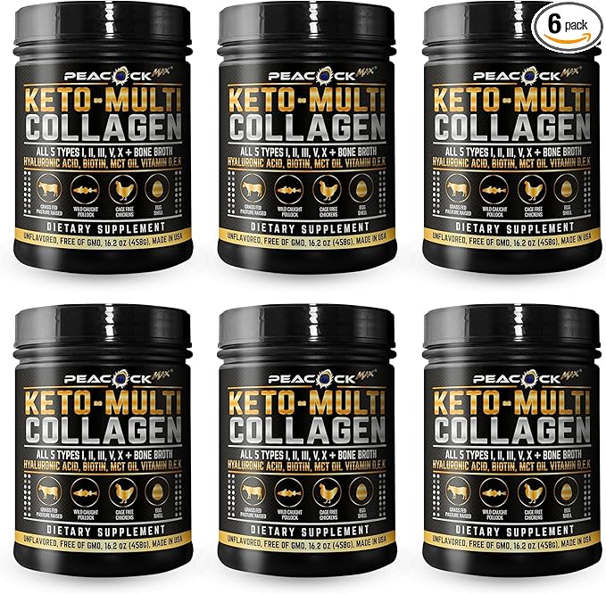 Multi Collagen Protein Powder 16.2 oz (Pack of 6) | 5 Types with Bone Broth, Hydrolyzed Peptides, Biotin & MCT Oil, Unflavored, Supports Skin, Hair, Nails, Joints & Gut Health