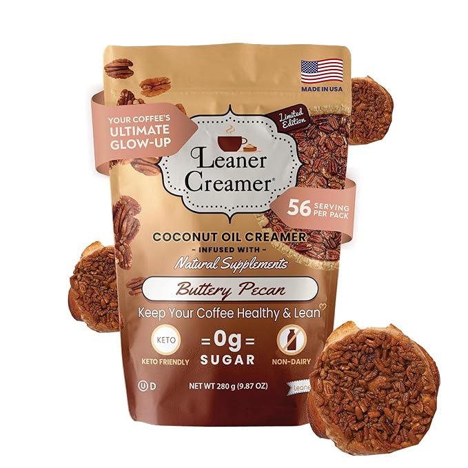 Leaner Creamer Non-Dairy Sugar Free Coffee Creamer Powder. Perfect Coconut Oil Non-Dairy Powder To Naturally Cream and Sweeten Coffee, Smoothies, Protein Shakes & More! Ideal Flavoring For All Diets (Buttery Pecan Pouch (9.87 oz))