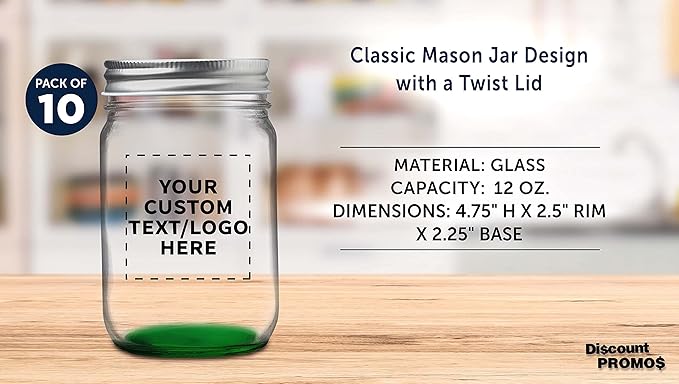 DISCOUNT PROMOS 10 Decorating Mason Jars Set, 12 oz. - Customizable Text, Logo - Canning, Aluminum Lid - Green