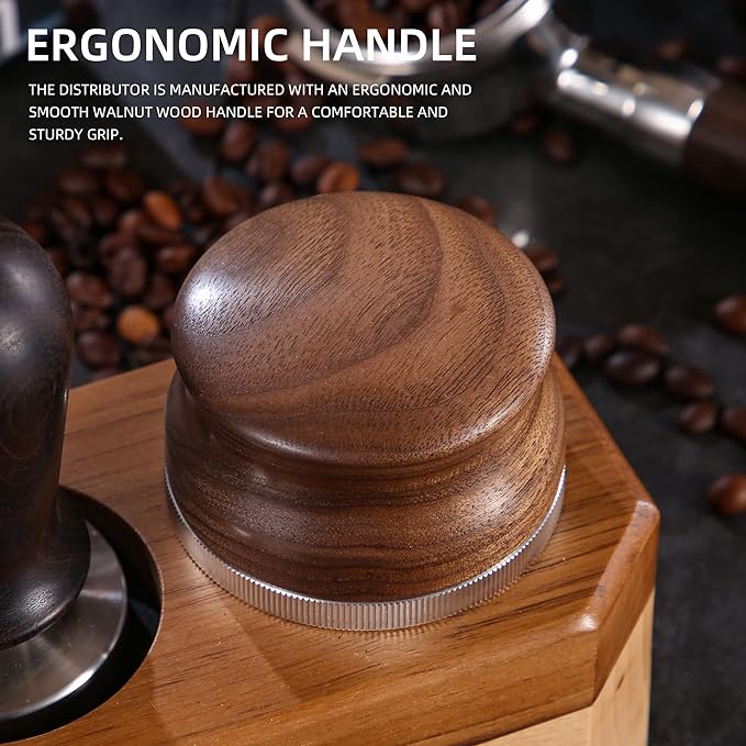 51mm Coffee Distributor, Espresso Distribution Tool, Adjustable Depth Espresso Tamper Leveler with Walnut Wood Handle Fits for 51mm Delonghi Barista Portafilter