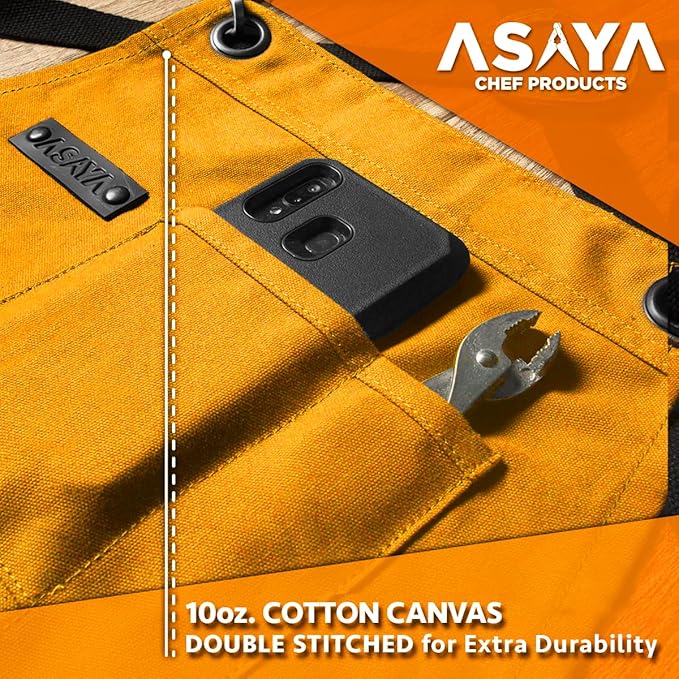 Asaya Chef and BBQ Apron with Bottle Opener and Hand Towel - 10oz Cotton Canvas, Stainless Steel Hardware - Cross Back Straps