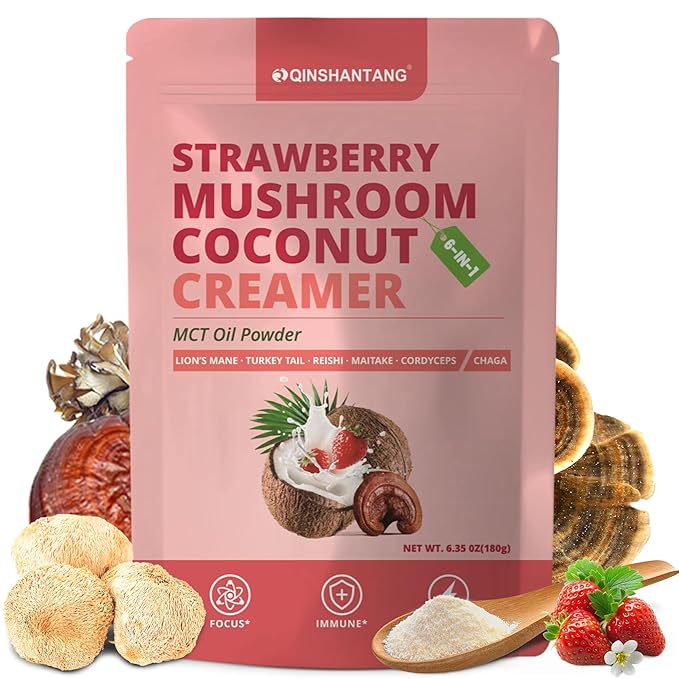 Mushroom Coffee Creamer, Strawberry Flavored Coconut Creamer, Probiotics, MCT Powder, 6 Mushrooms | Lion's Mane, Turkey Tail, Reishi, Maitake | Boosts Focus, Immunity and Energy | 30 Servings