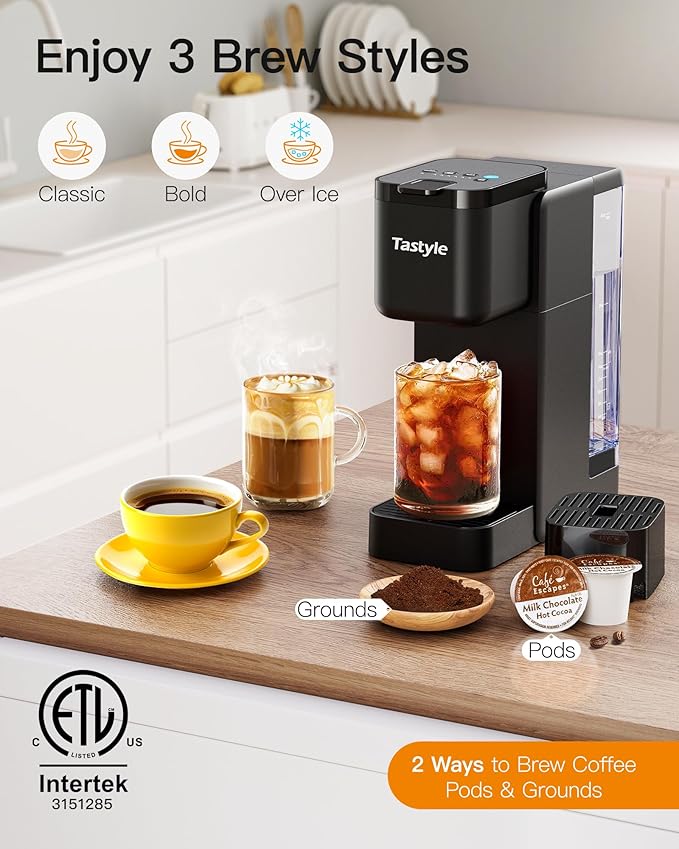 Single Serve Hot & Iced Coffee Maker with Strong Brew, 40oz Removable Reservoir, 6 Brew Sizes, Compatible with K Cup and Grounds, Compact for Home, Office, RV and Dorm, Black (2.0 Version)
