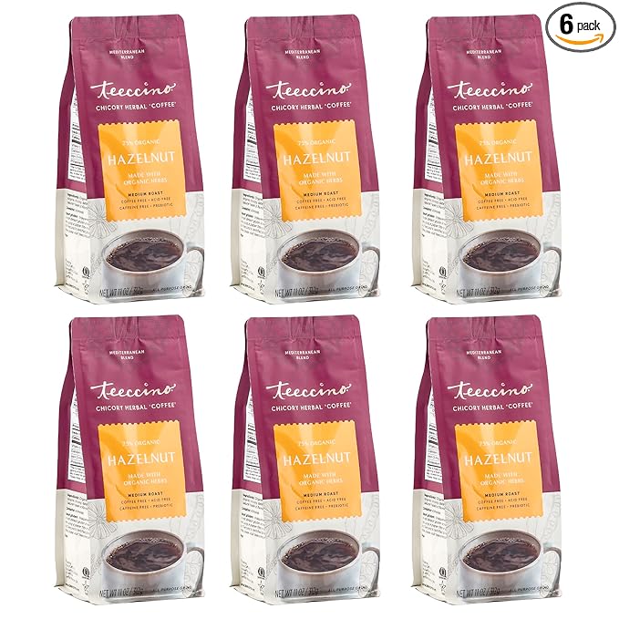 Teeccino Hazelnut Chicory Coffee Alternative - Ground Herbal Coffee That’s Prebiotic, Caffeine Free & Acid Free, Medium Roast, 11 Ounce (Pack of 6)