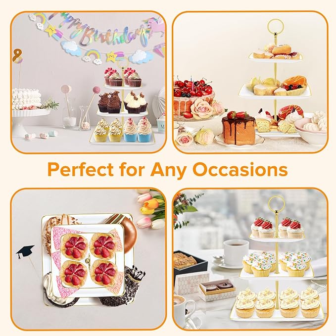 Hoedia 3 Tier Cupcake Stand Tower, Plastic White Cup Cake Holder for Dessert stands, Tiered Serving Tray for Tea Party, Birthday Party, Wedding Decor and Baby Shower(Square)