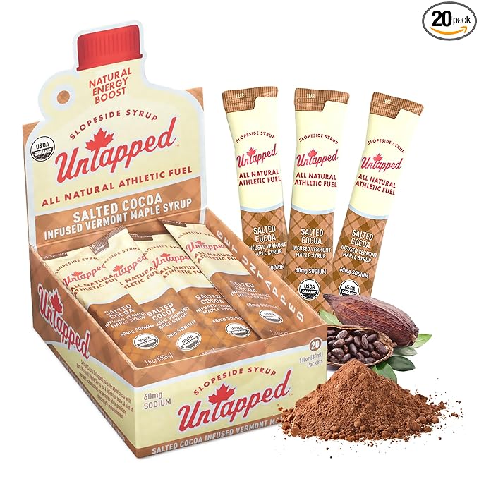 UnTapped Salted Cocoa Infused Vermont Maple Syrup Packets for Athletes, Box of 20-1 fl oz Each | Pure Maple Syrup with Rich Cocoa Extract and Sea Salt | Fuel to Keep You Running Longer