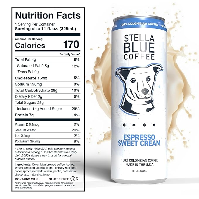 Stella Blue Espresso Sweet Cream Latte, 100% Colombian Coffee, 190mg Natural Caffeine, Good Source of Protein, Ready-to-Drink Coffee Energy Beverage, 11oz Can, 12 Pack