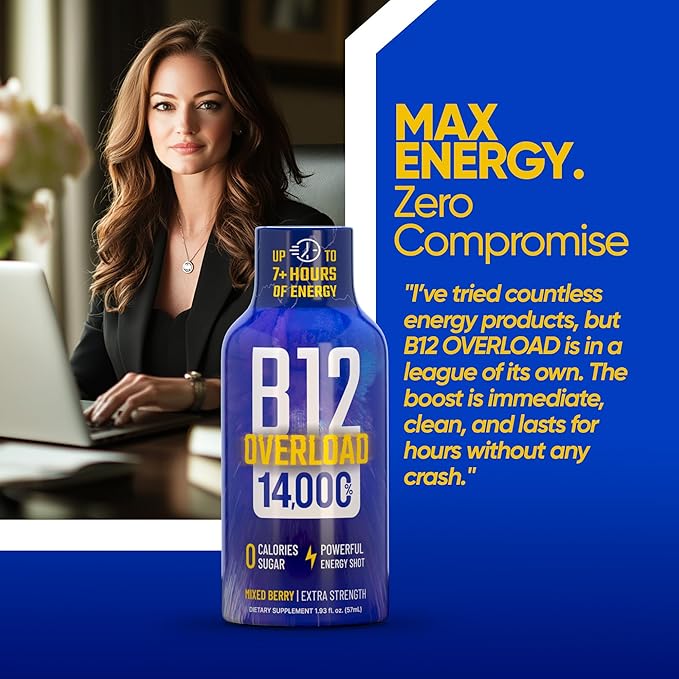 B12 Overload Extra Strength Energy Shot – Mixed Berry – 260mg Caffeine, 14000% B12, Electrolytes – Energy & Vitality Support – Zero Sugar No Calories – Vegan, Kosher, Gluten-Free – 1.93 fl oz, 24-Pack