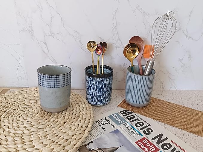 Stoneware Coffee Bar Utensil Holder Tea & Coffee Spoon & Stirrer Holder for Stir Stick Straw Teaspoon Holder Spoon Cup Small Utensil Jar (Blue Chequer)