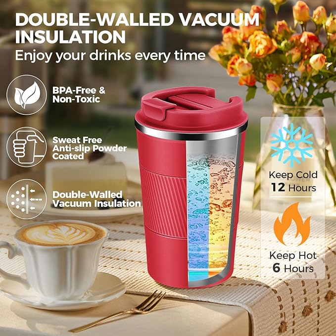 Volhoply 13 oz Stainless Steel Insulated Travel Coffee Mug with Fip Lid Bulk 4 Pack,Reusable Double Wall Vacuum Metal Coffee Cup,Portable Leak Proof Thermal Tumbler for Hot & Cold Drinks(Red,4)