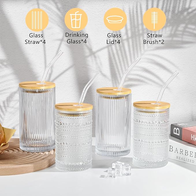 14 oz Drinking Glasses Set of 4 with Bamboo Lids Straws Striped Ribbed Glassware Set Vintage Glass Cups Embossed Iced Coffee Cup for Beer Cocktail Beverage(Ribbed)