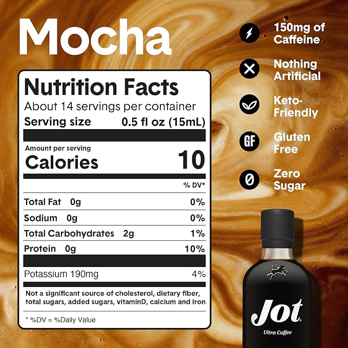 Jot Coffee Concentrate (Mocha) High Caffeine Cold Brew Coffee Concentrate Liquid for Iced Coffees, Instant Espresso, Hot or Cold Instant Coffees - Makes 14 Cups, 150mg Caffeine/Tbsp, Sugar Free