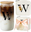 AYGXU Initial Glass Cup,Personalized Birthday Gifts for Women,16oz Glass Tumbler Cups,Graduation Gifts for Her,Small Jewelry Organizer Box,Birthday Gifts for Women,Initial W white