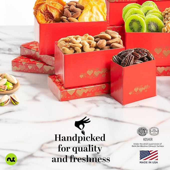 NUT CRAVINGS - Thanksgiving Dried Fruit & Mixed Nuts Gift Basket Red Tower + Heart Ribbon (12 Assortments) Holiday Xmas Christmas Food Arrangement, Healthy Snack Care Package