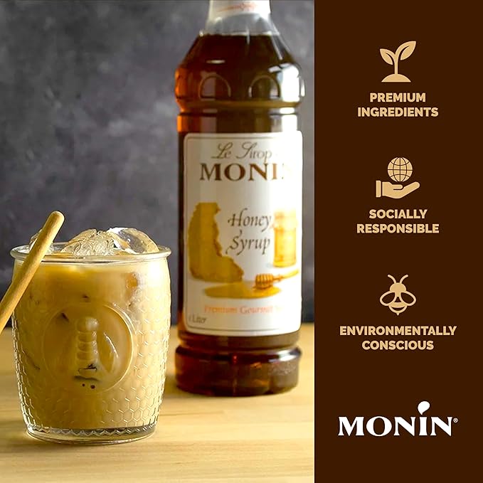 Monin - Honey Syrup, Smooth Sweet Honey Flavor, Great for Teas, Lemonades, Cocktails, & Coffee, Gluten-Free, Non-GMO (1 Liter)