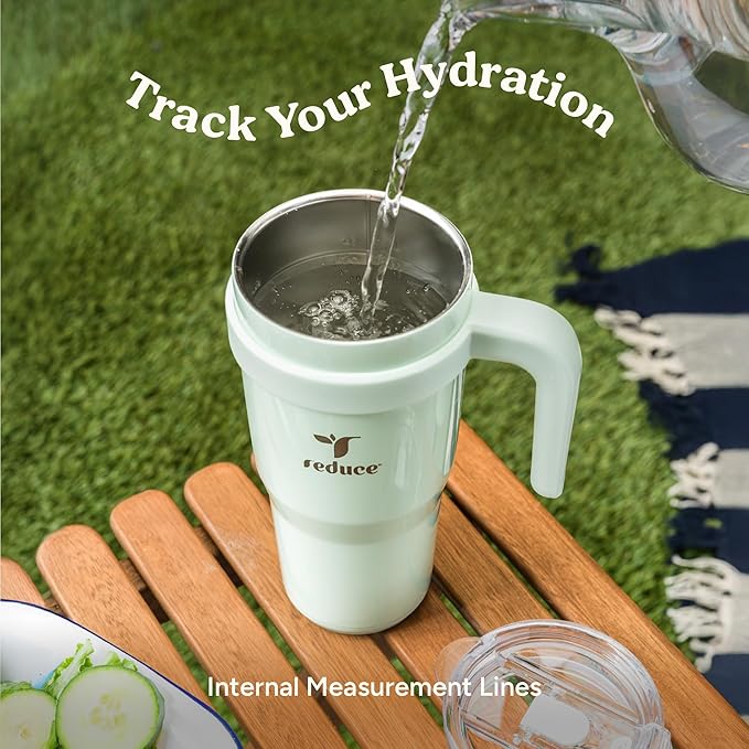 Reduce 24 oz Stainless Steel Tumbler with Handle - Dual-Wall Vacuum Insulated Travel Mug, Sweat-Proof Lid & Reusable Straw - Keeps Drinks Cold for 24 Hrs, Fits Cupholders, Dishwasher Safe-Mineral Blue