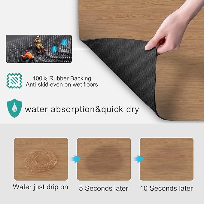 Coffee Mat Coffee Bar Mat - Absorbent Rubber Backed Coffee Pot Cup Holder Quick Drying Mats Fit Under Coffee Maker Espresso Machine Coffee Bar Accessories Kitchen Counter Dish Drying Mat 23"x15", Wood