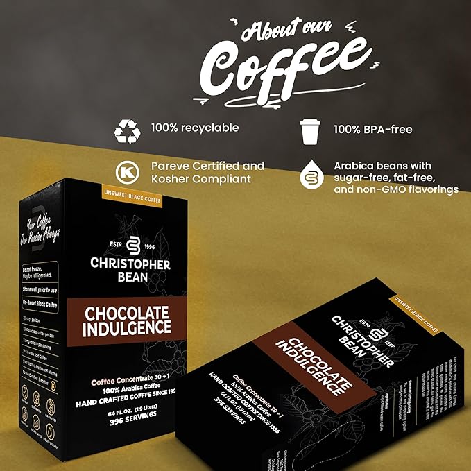 Christopher Bean Coffee - 396 servings, 30 to 1 Blend Bag in Box Liquid Instant Coffee or Cold Brew Coffee Concentrate - Hot or Iced Coffee - Chocolate Indulgence