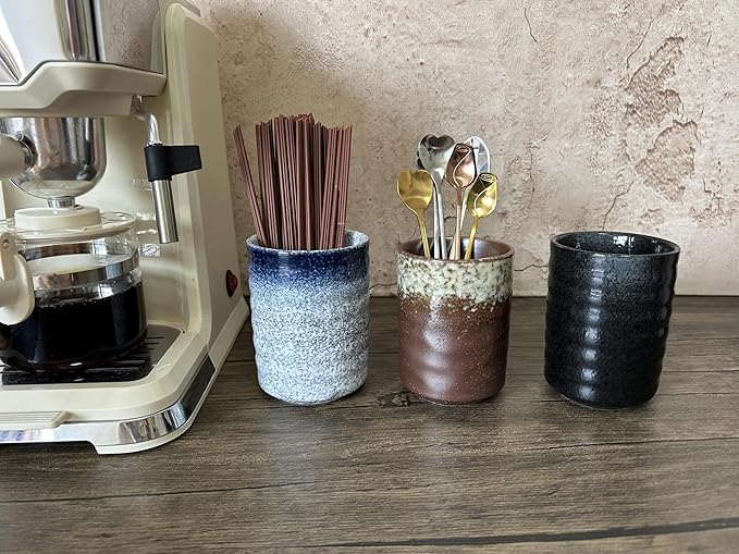 Stoneware Coffee Bar Utensil Holder Tea & Coffee Spoon & Stirrer Holder for Stir Stick Straw Teaspoon Holder Spoon Cup Small Utensil Jar (Retro Rustic Brown)