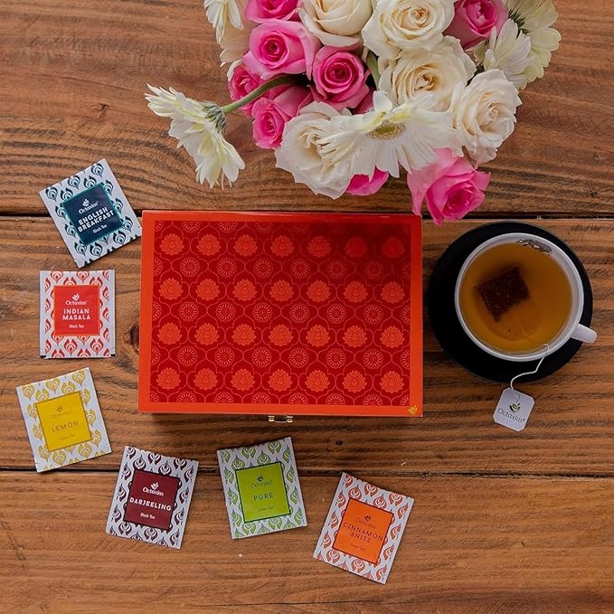 Octavius Gift's Select - Assorted Tea in Lotus Printed Wooden Box | 6 Flavors, 90 Tea Bags | Black & Green Tea | Tea Gifts for Women & Men | Tea Variety Pack | Mothers Day Tea Gift Box