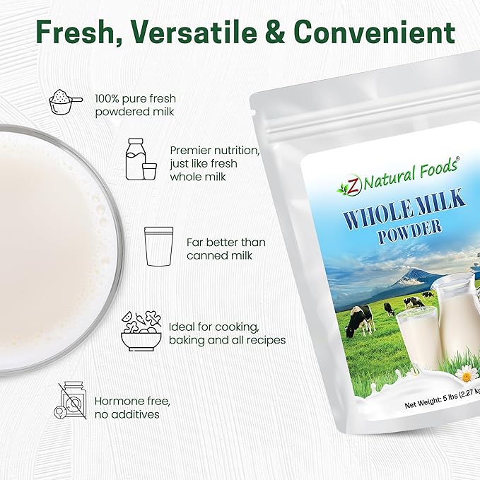 Z Natural Foods Premium Whole Milk Powder - Powdered Milk for Baking, Cooking, Drinks - Dry Milk Powder, Pasteurized, Non-GMO, Gluten-Free, Kosher-Certified, 5 lbs