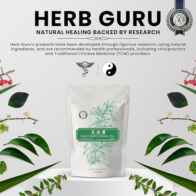 Herb Guru Immuniherb Herbal Tea Bags – Healthy Immune Function & Respiratory Comfort with Ginger, Balloon Flower, Mint & Licorice Root – Caffeine Free Tea, 0.88 Ounces