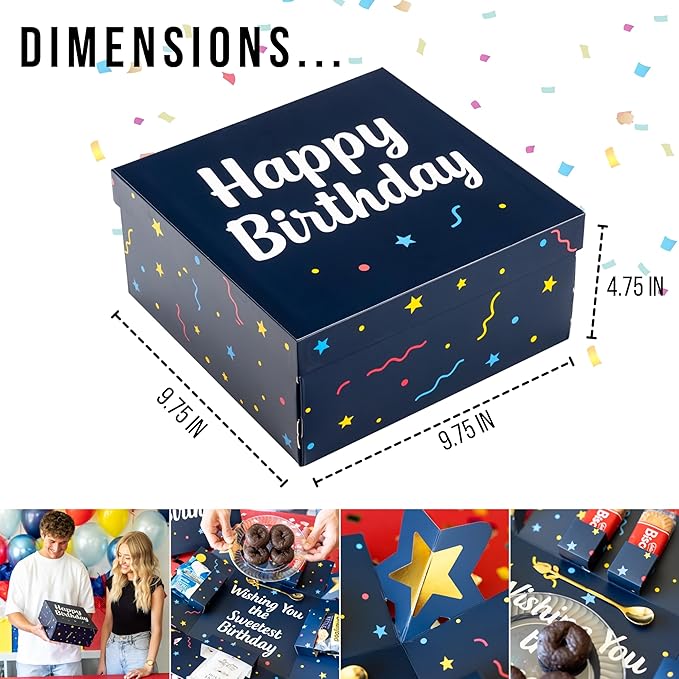 Explosion Gift Box with Treats – Premium Surprise Snack Box with Donuts, Cookies, Chips & More – Blank Design for Any Occasion – Party, Celebration, or Just Because Gift (Happy Birthday)