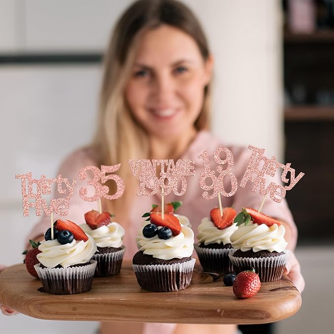 Gyufise 24Pcs Happy 35th Birthday Cupcake Toppers Glitter Thirty Five 35 Fabulous Vintage 1990 Cupcake Picks for 30th Birthday Wedding Anniversary Party Cake Decorations Supplies Rose Gold