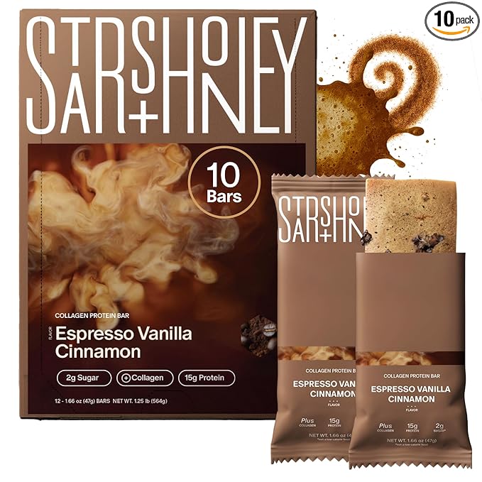 Stars + Honey Protein Bars- Espresso Vanilla Cinnamon,15g Protein, 2g Sugar, w/Collagen Keto Friendly Snack - Gluten, Dairy, & Soy Free - High-Protein Snacks for Energy & Recovery-10 pack