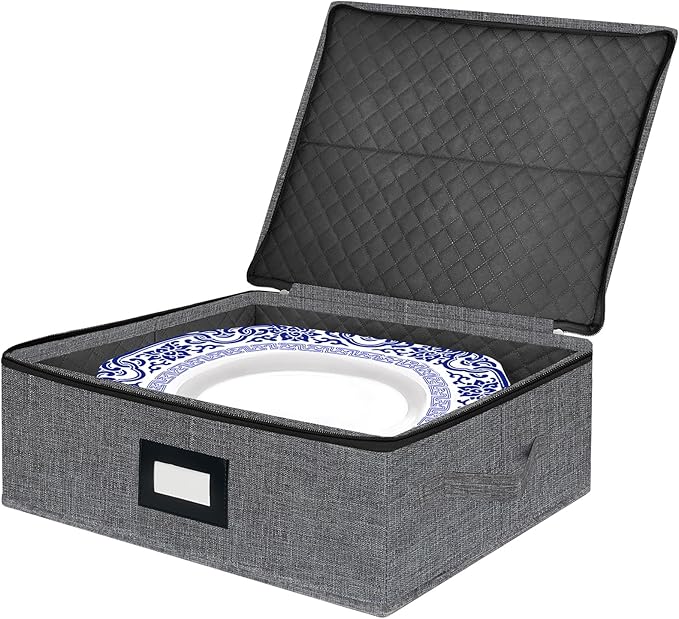 Platter Storage Case - Stackable China Storage Containers Hard Shell with Durable Zipper & Label & Sturdy Handles, 5.3” Height, Structured Top, 4 Felt Dividers Included (Dark Gray)