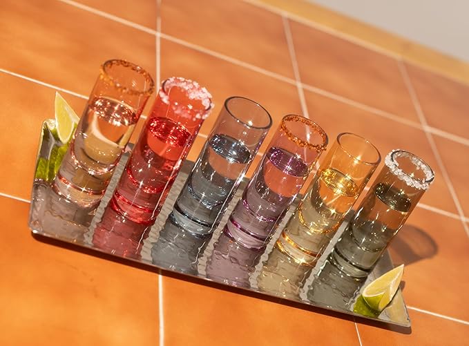 Saludi Colored Shot Glasses, 2oz (Set of 6) Multi-Color Glass with Wood Paddle - Luxury, Durable, Hand-Blown