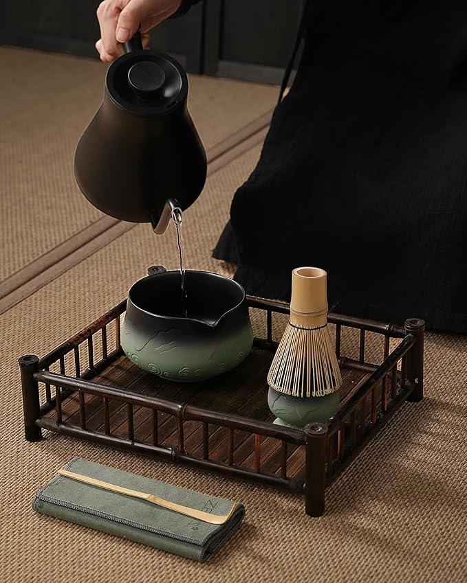 ZENS Matcha Whisk Set, 7pcs Matcha Kit Set with Ceramic Bowl and Matcha Cup, Bamboo Whisk & (Chasen Holder) Sifter, Scoop -Tea Towel, Japanese Chawan for Matcha-Making, Sage Green