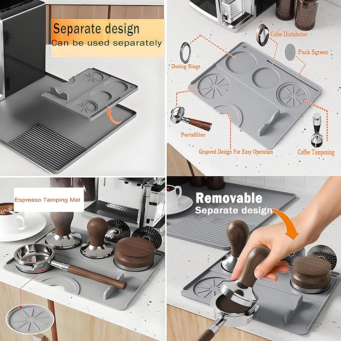 Silicone Coffee Mat With Espresso Tamping Mat,Leak-Proof and Non-Slip,Suitable for Kitchen Station Pad Accessories Fits Under Coffee Maker & Dish Rack to Keep the Countertop Clean-Gray