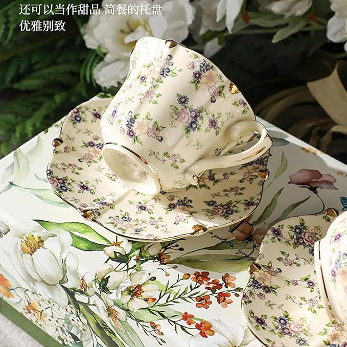 TATSUMI Country Roses Bone China Tea Cup and Saucer Set, 3 Pieces, Vintage Style, For Women and Tea Parties(yellow,1 Set)