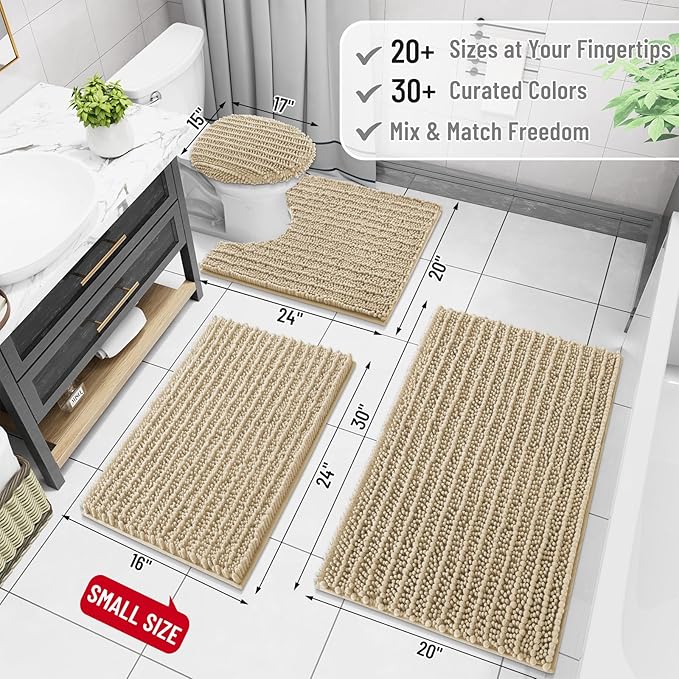 Arotive Luxury Chenille Bathroom Rug Mat, Extra Soft Thick Absorbent Shaggy Bath Rugs, Non-Slip Machine Wash Dry, Plush Bath Mats for Bathroom, Shower and Tub, 40x24, Beige