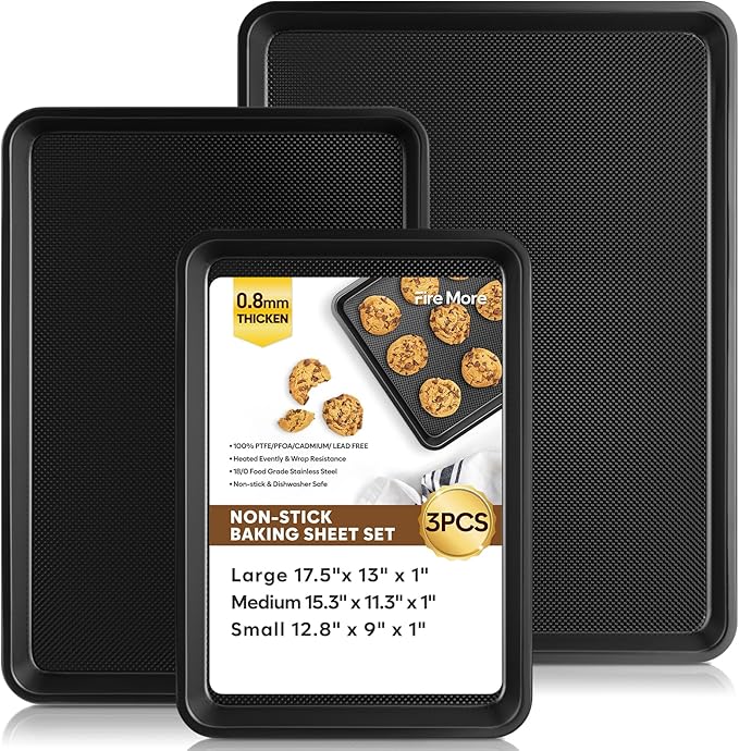 Baking Sheet Pan Set of 3, Thicker Carbon Steel Cookie Sheets for Baking Non Stick with Diamond Texture Pattern, Ceramic Half/Quarter/Jelly Roll Baking Trays for Oven