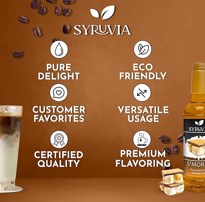Syruvia Chocolate Chip Cookie Dough & S’mores Coffee Syrup - 25.4 fl oz Premium Coffee Flavoring Syrup. Kosher and Gluten-Free. Perfect for Drinks, Sodas, Shakes, Desserts, & More.