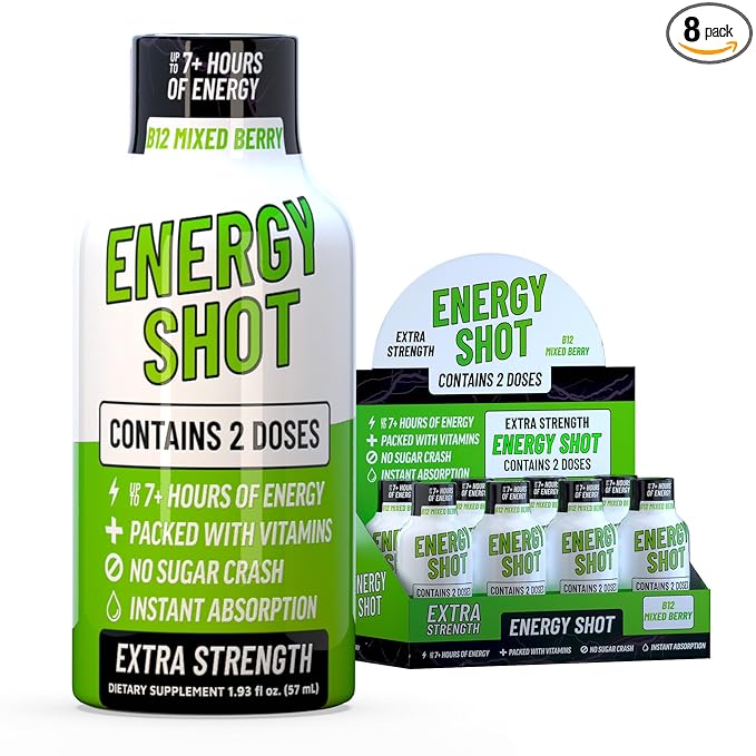 B12 Mixed Berry Extra Strength Energy Shot 8 pk – 260mg Natural Caffeine B12 B6 – Energy & Vitality Support – 2 Servings Sugar Free Zero Calorie Green Tea B-Vitamins Electrolytes Vegan – 1.93 fl oz