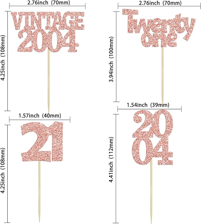 Gyufise 24Pcs 21st Birthday Cupcake Toppers Glitter Twenty-one Vintage 2004 21 Years Birthday Cupcake Picks Cheers to 21 Cake Decorations for Happy 21st Anniversary Party Supplies Rose Gold