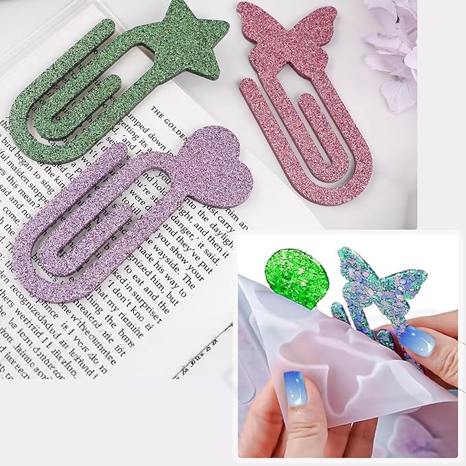 Resin Bookmark Mold Silicone Molds for Epoxy Paperclips, 9-in-1 Heart & Star Shapes, Quick Release Craft Supplies, Gift for Book Lovers