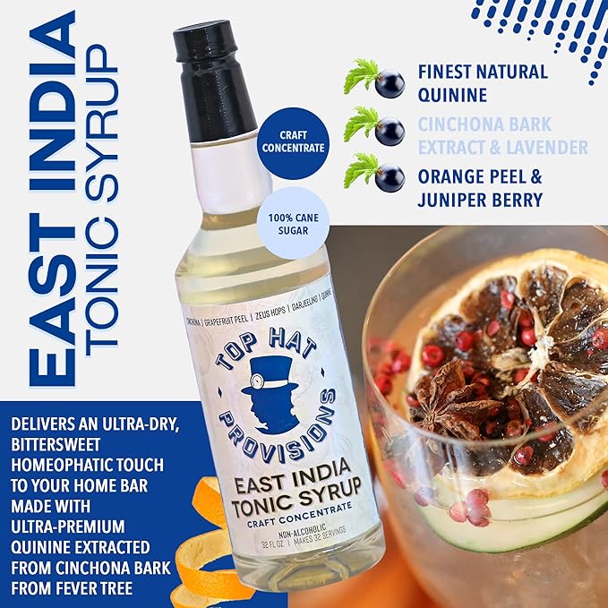 Top Hat East India Craft Concentrated Quinine Tonic Drink Syrup - 5x Natural Quinine Wellness Tonic Water Concentrate - Just Add Club Soda - 32oz bottle