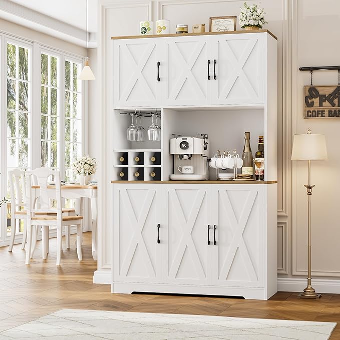 HOSTACK Kitchen Pantry Storage Cabinet, 71" Tall Food Pantry Cabinet with Microwave Stand, Farmhouse Kitchen Hutch, Coffee Bar Hutch with Wine Rack for Dining Room, Living Room, White