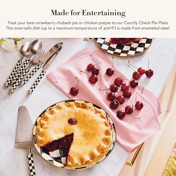 MACKENZIE-CHILDS Enamel Pie Plate, Ovenproof Pie Pan for Cooking and Serving, Black-and-White Courtly Check