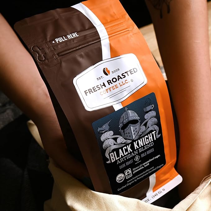 Fresh Roasted Coffee, Organic Black Knight | USDA Organic, Kosher | Dark Roast 12 oz Ground