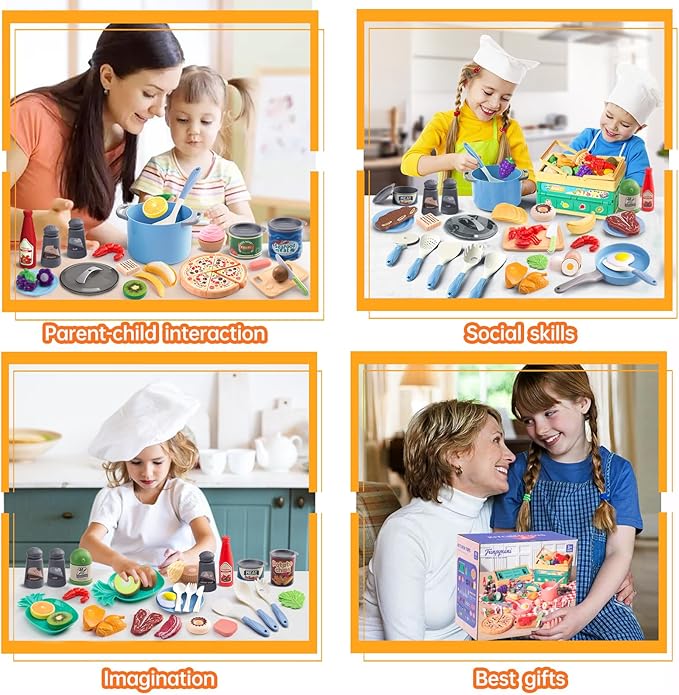 80Pcs Kitchen Playset, Toddler Pretend Cooking with Pots, Pans, Cookware, Food, Picnic Blanket, Fruits, Veges, Shopping Storage Basket, Dessert , Learning Gift for Girls Boys (Blue)