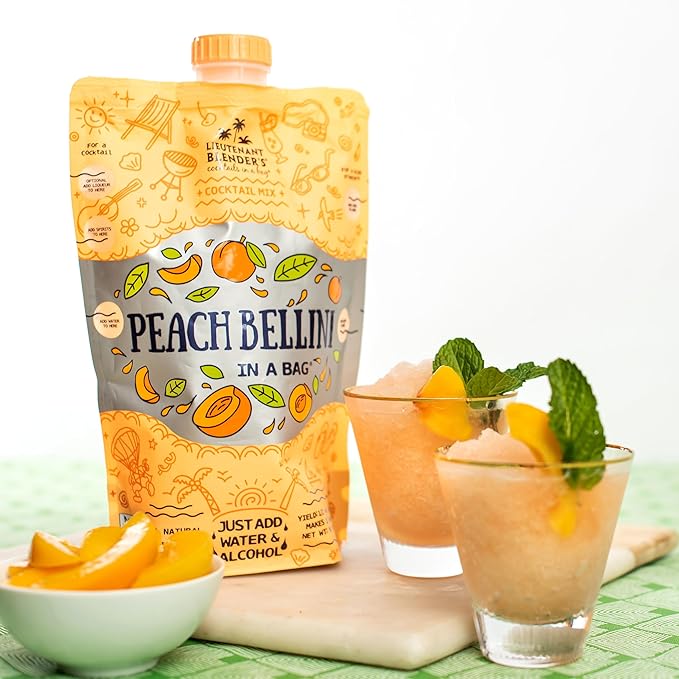 Lt. Blender's Peach Bellini in a Bag - Wine Slushie Mixes - Each Bag Makes 1/2 Gallon of Frozen Peach Bellini Mix – Non-GMO Wine Freezer mix - Make with Wine, Liquor or as a Mocktail - (Pack of 4)